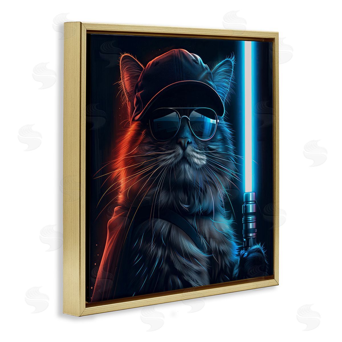 Sci-Fi Cat with Glowing Saber Gold Floating Frame Canvas Wall Art, Home Decor by Jim Baldwin