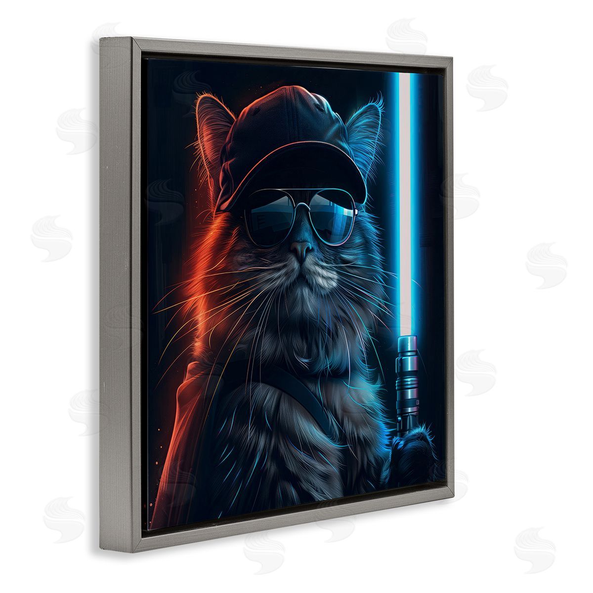 Sci-Fi Cat with Glowing Saber Grey Floating Frame Canvas Wall Art, Home Decor by Jim Baldwin