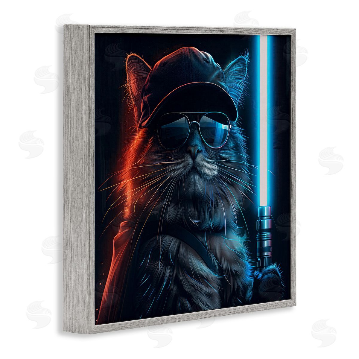 Sci-Fi Cat with Glowing Saber Grey Frame Print Wall Art, Home Decor by Jim Baldwin