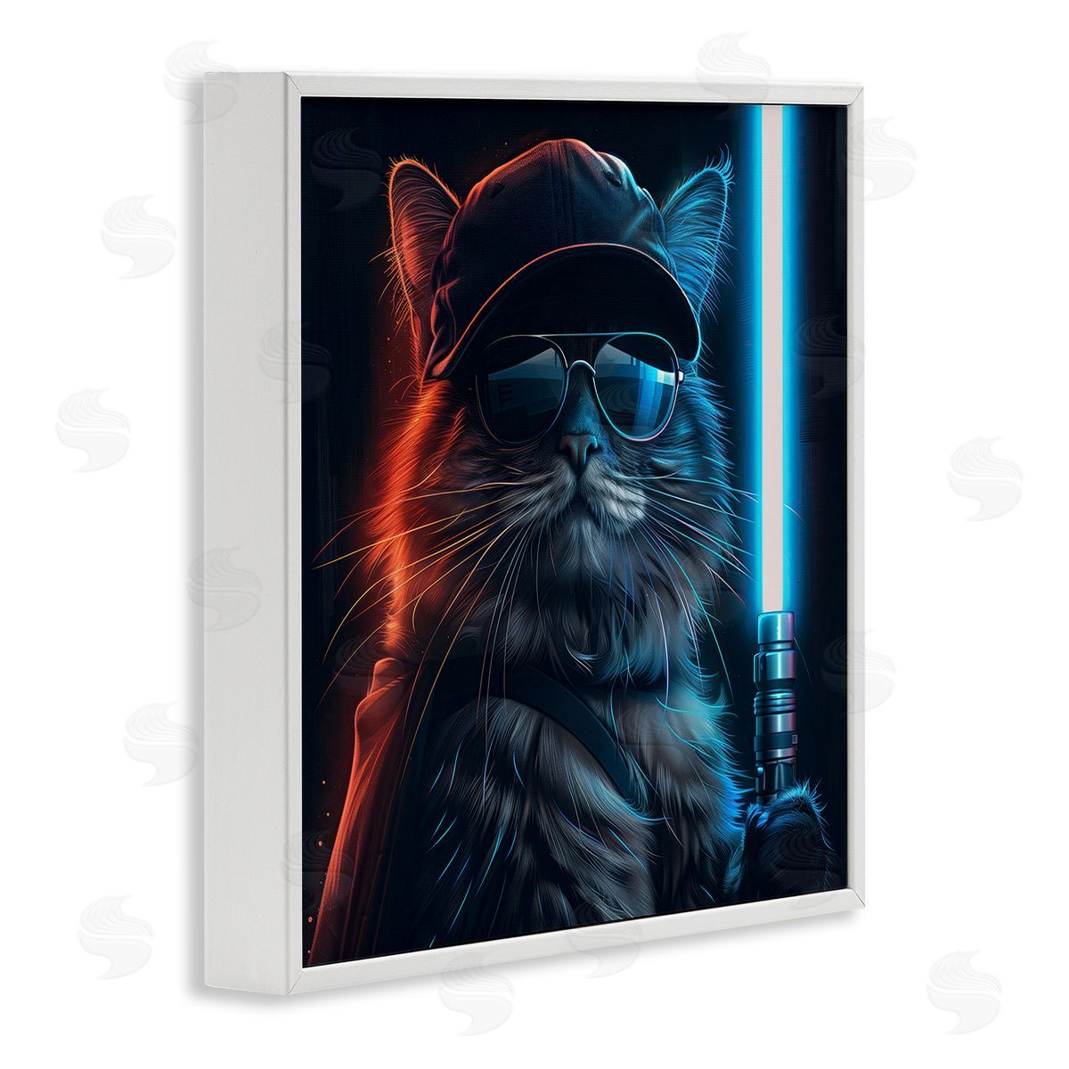 Sci-Fi Cat with Glowing Saber White Frame Print Wall Art, Home Decor by Jim Baldwin