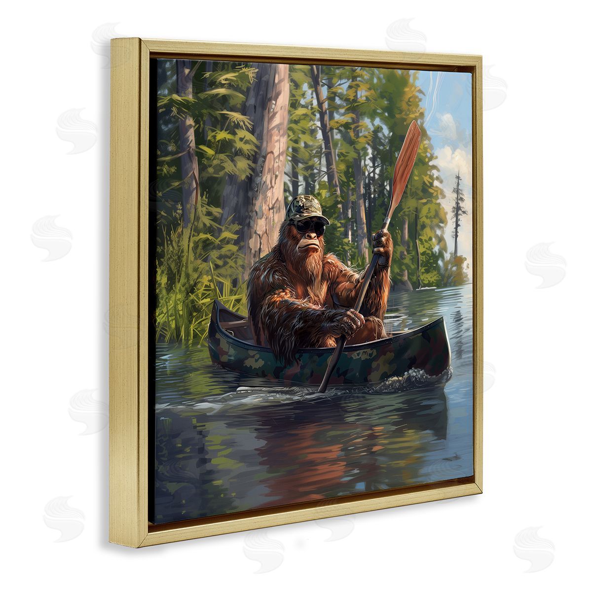 Mythical Monster in Canoe Gold Floating Frame Canvas Wall Art, Home Decor by Jim Baldwin