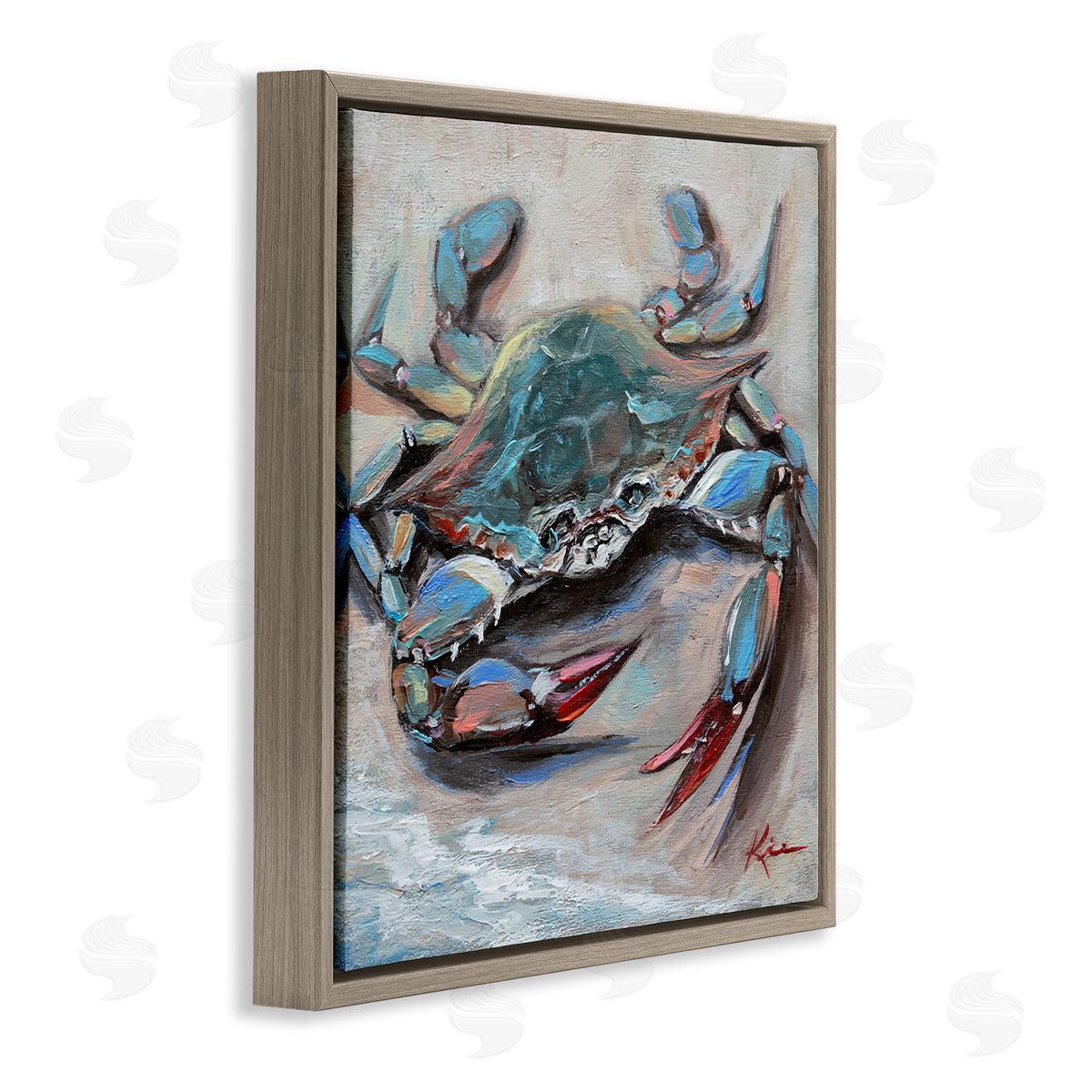 Blue Crab with Red Claws Brown Floating Frame Canvas Wall Art, Home Decor by Lindsay Kivi Fine Art
