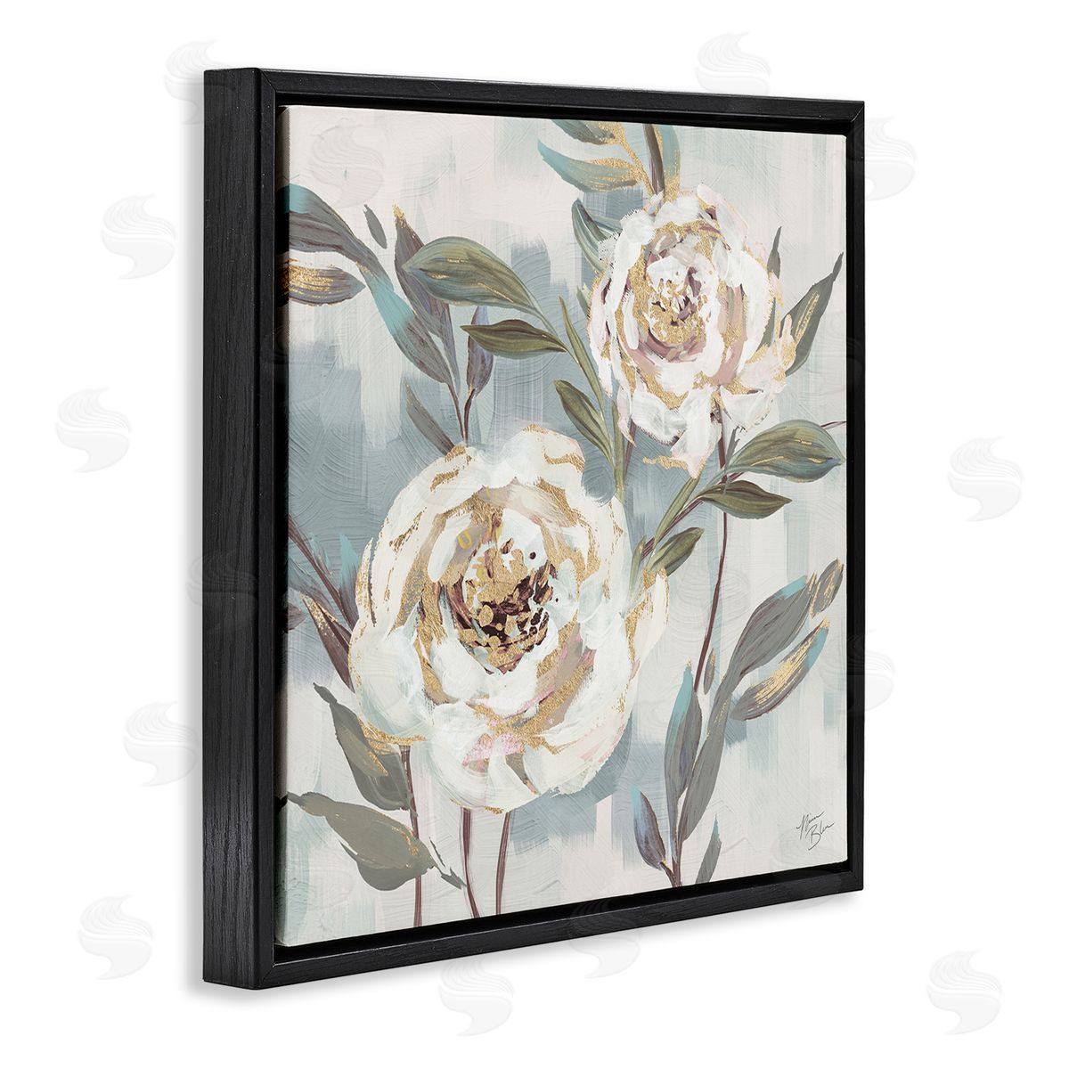 Two Country Blossoms Black Floating Frame Canvas Wall Art, Home Decor by Nina Blue