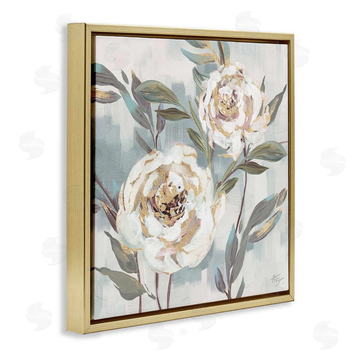 Two Country Blossoms Gold Floating Frame Canvas Wall Art, Home Decor by Nina Blue