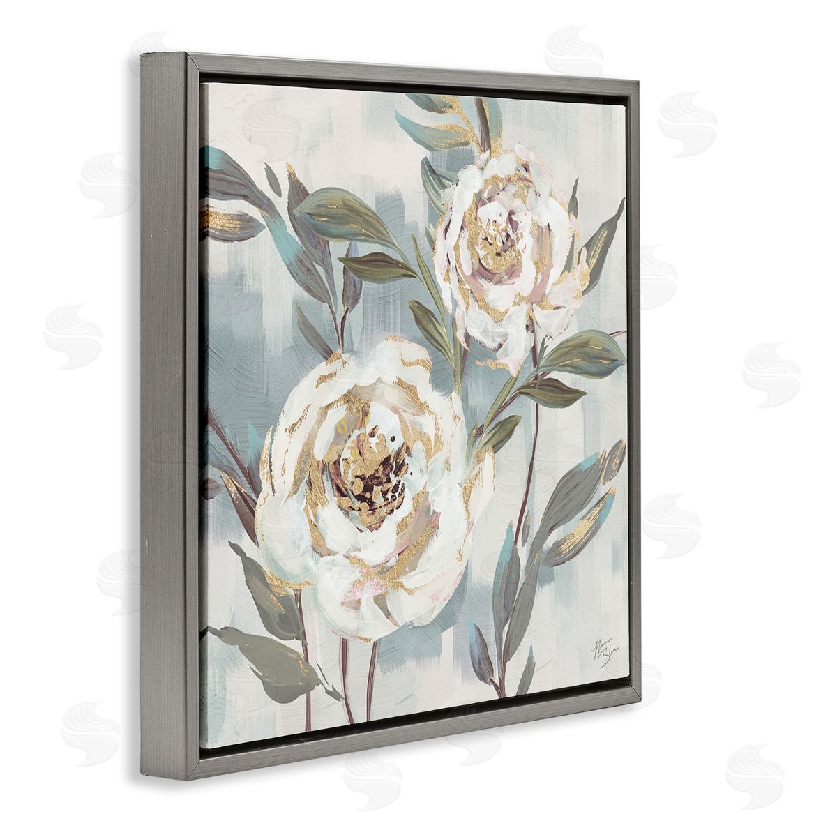 Two Country Blossoms Grey Floating Frame Canvas Wall Art, Home Decor by Nina Blue