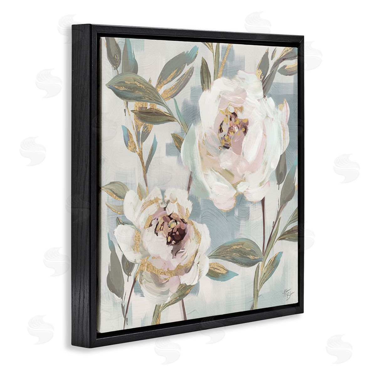 White Peony Duo Black Floating Frame Canvas Wall Art, Home Decor by Nina Blue