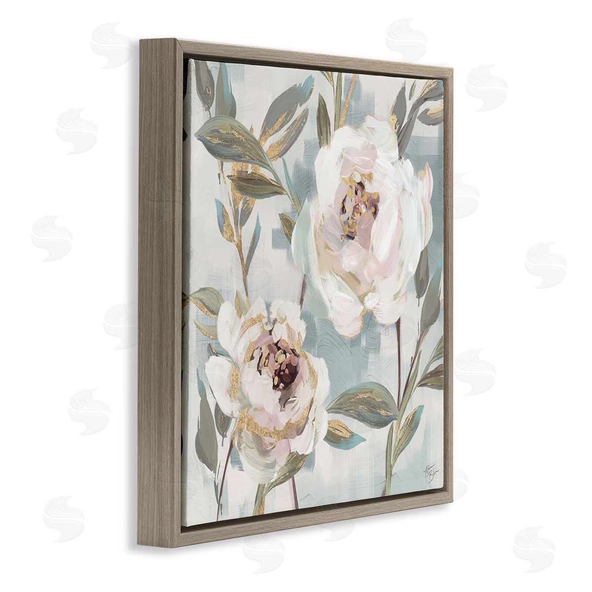 White Peony Duo Brown Floating Frame Canvas Wall Art, Home Decor by Nina Blue