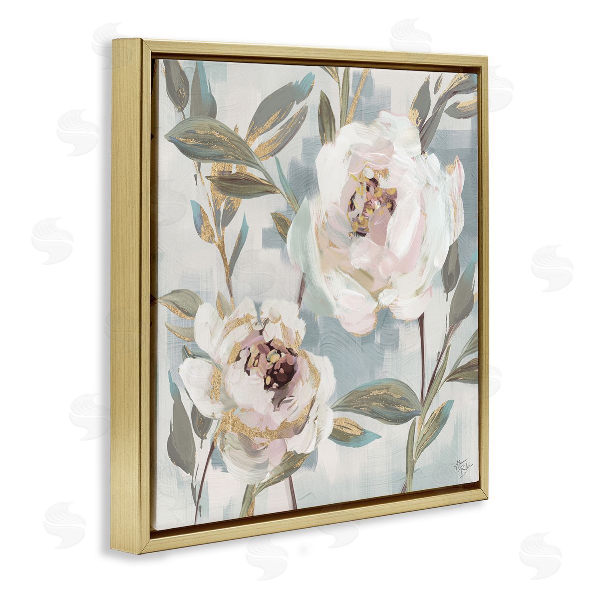 White Peony Duo Gold Floating Frame Canvas Wall Art, Home Decor by Nina Blue
