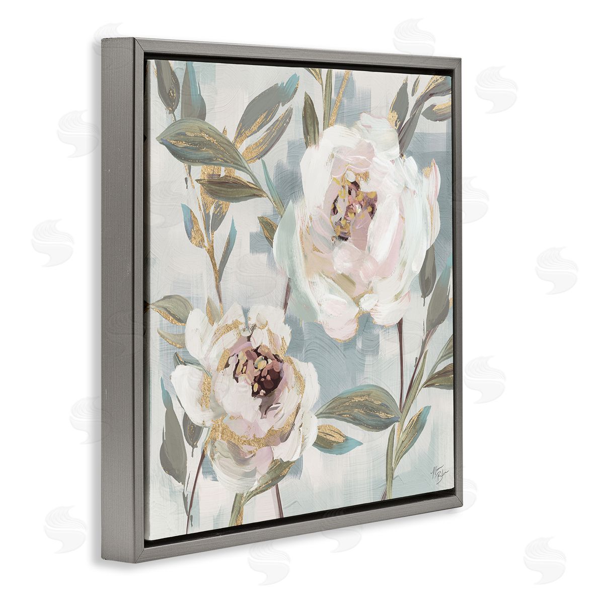 White Peony Duo Grey Floating Frame Canvas Wall Art, Home Decor by Nina Blue