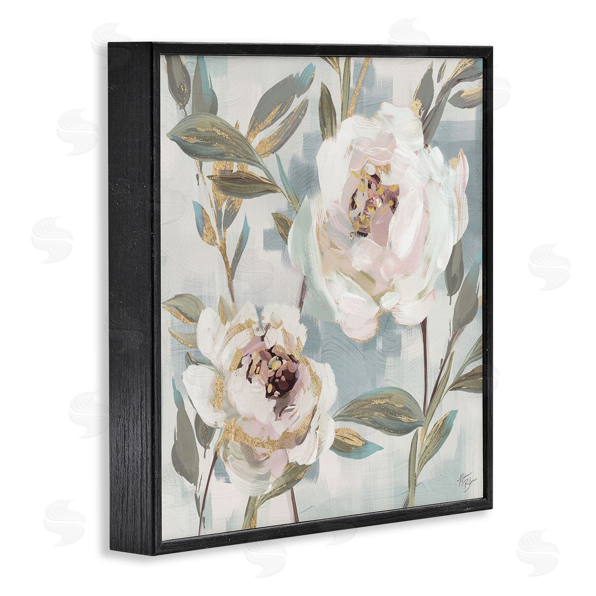 White Peony Duo Black Frame Print Wall Art, Home Decor by Nina Blue