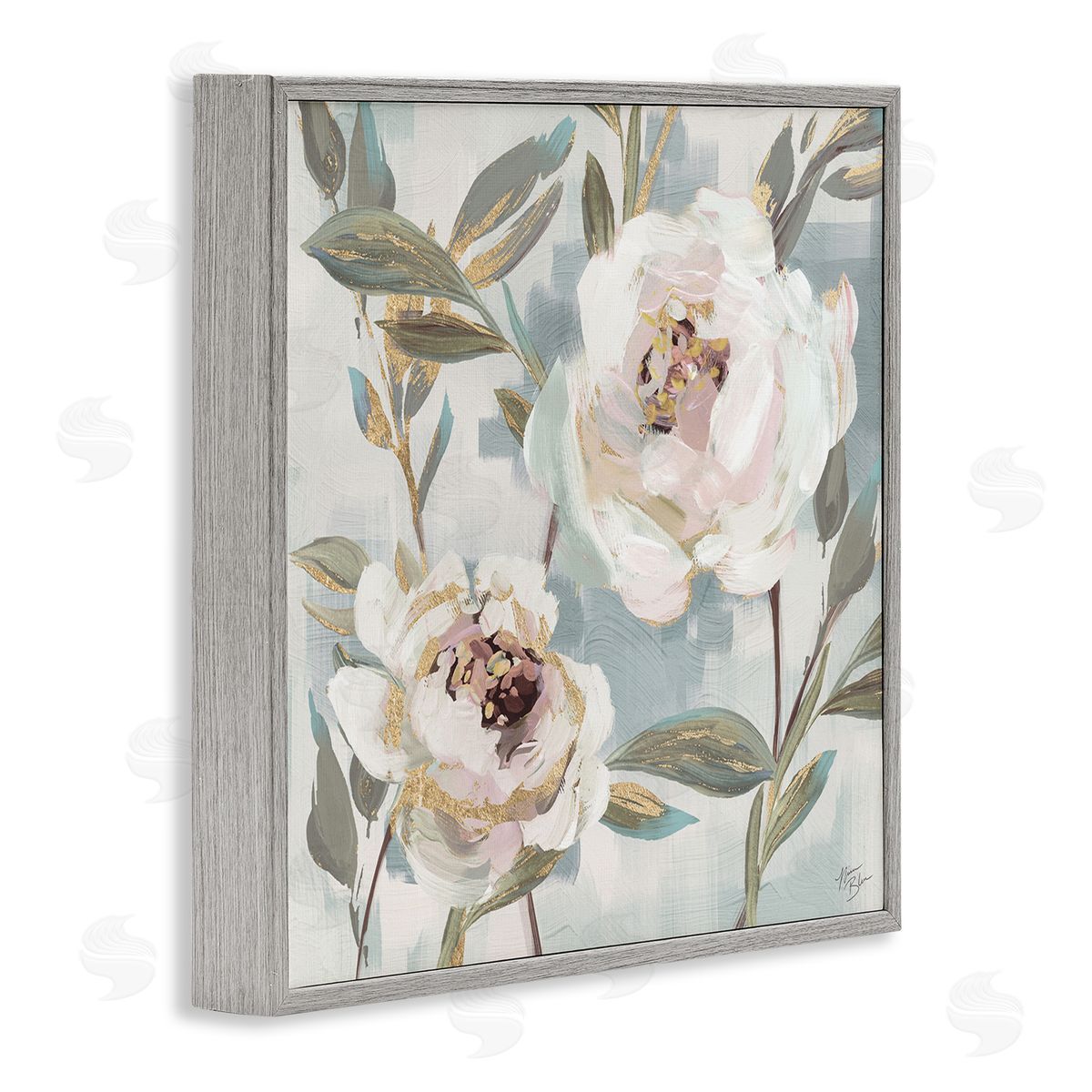 White Peony Duo Grey Frame Print Wall Art, Home Decor by Nina Blue