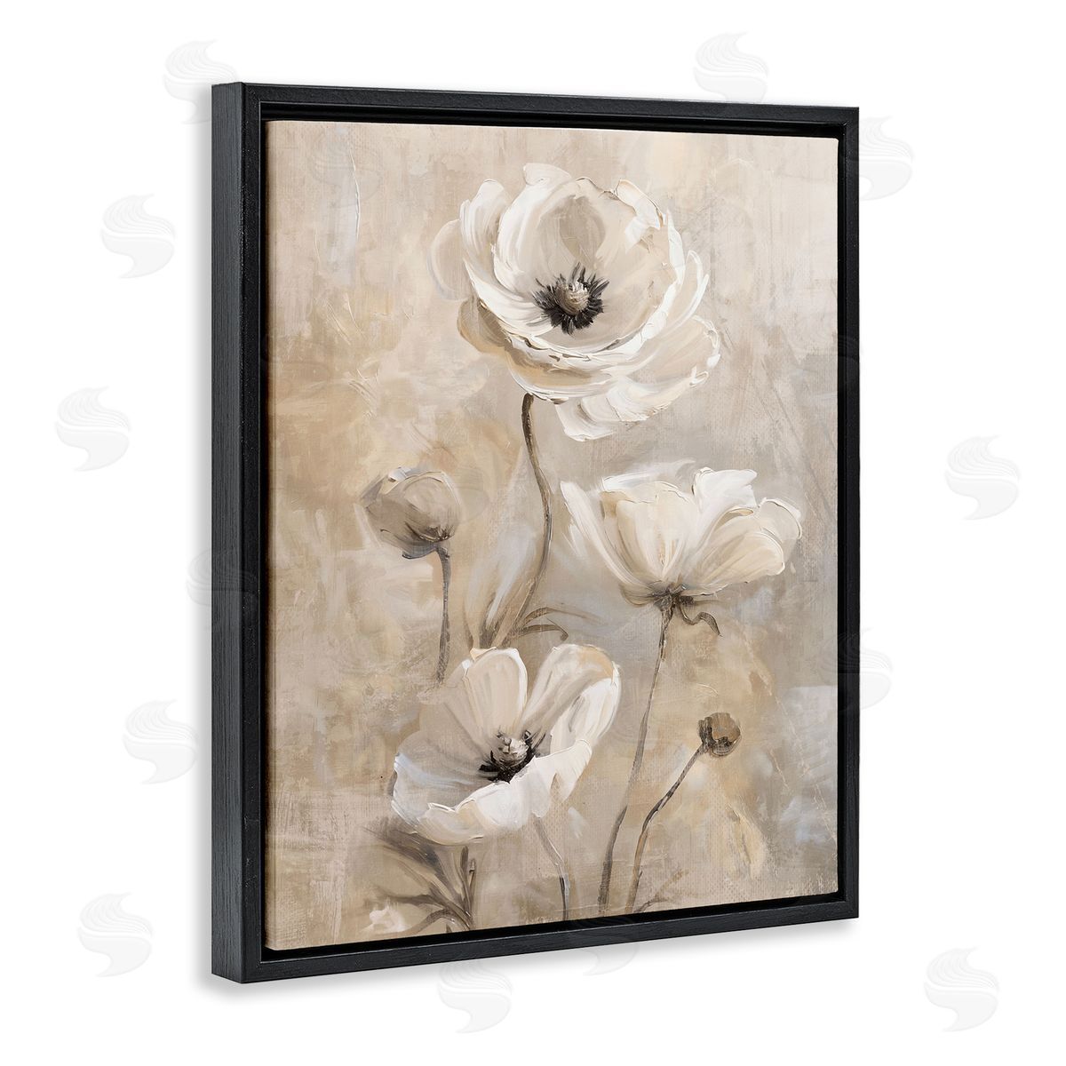Natural Beige Poppies Black Floating Frame Canvas Wall Art, Home Decor by Nina Blue