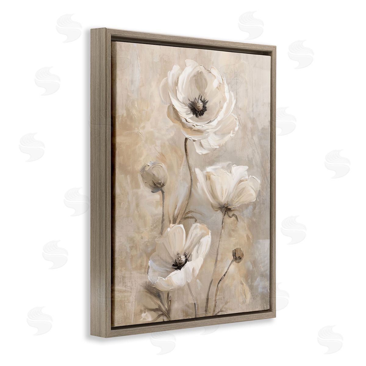 Natural Beige Poppies Brown Floating Frame Canvas Wall Art, Home Decor by Nina Blue