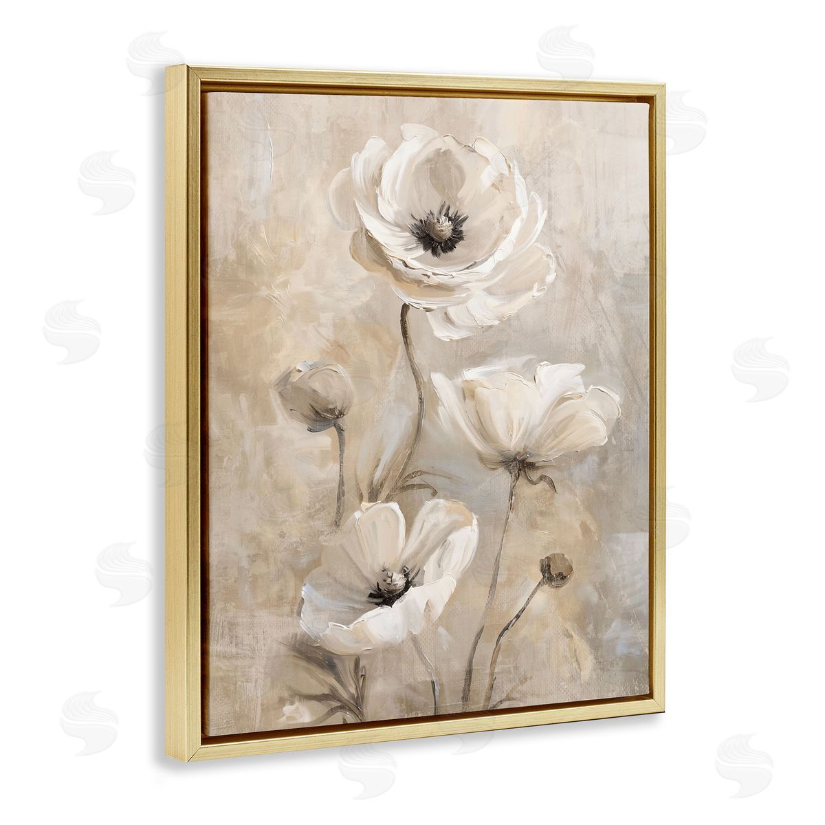 Natural Beige Poppies Gold Floating Frame Canvas Wall Art, Home Decor by Nina Blue