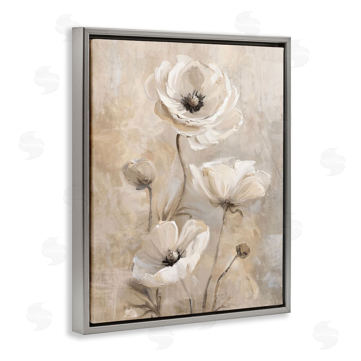Natural Beige Poppies Grey Floating Frame Canvas Wall Art, Home Decor by Nina Blue