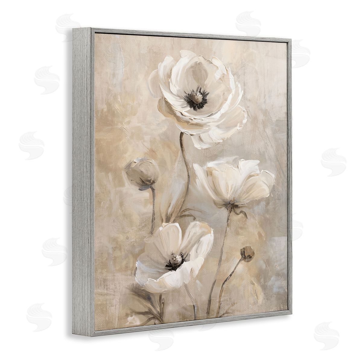 Natural Beige Poppies Grey Frame Print Wall Art, Home Decor by Nina Blue