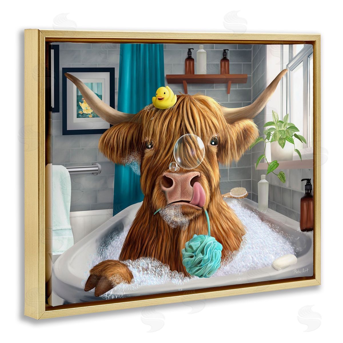 Highland Cow Bubble Bath Gold Floating Frame Canvas Wall Art, Home Decor by Mehu Art