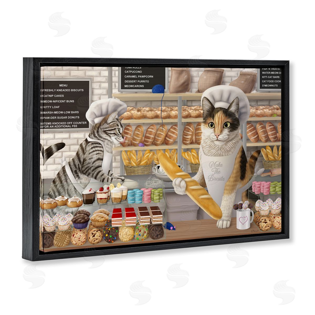 Meow Bakery Funny Cats Black Floating Frame Canvas Wall Art, Home Decor by Mehu Art