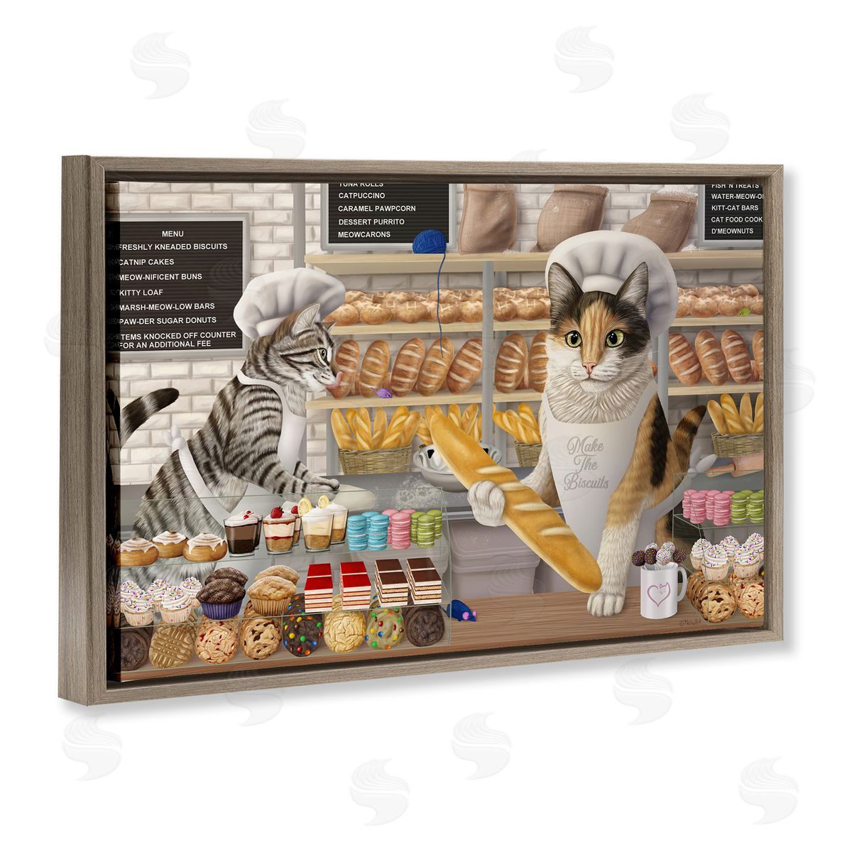 Meow Bakery Funny Cats Brown Floating Frame Canvas Wall Art, Home Decor by Mehu Art