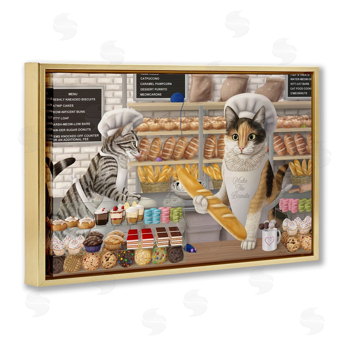 Meow Bakery Funny Cats Gold Floating Frame Canvas Wall Art, Home Decor by Mehu Art