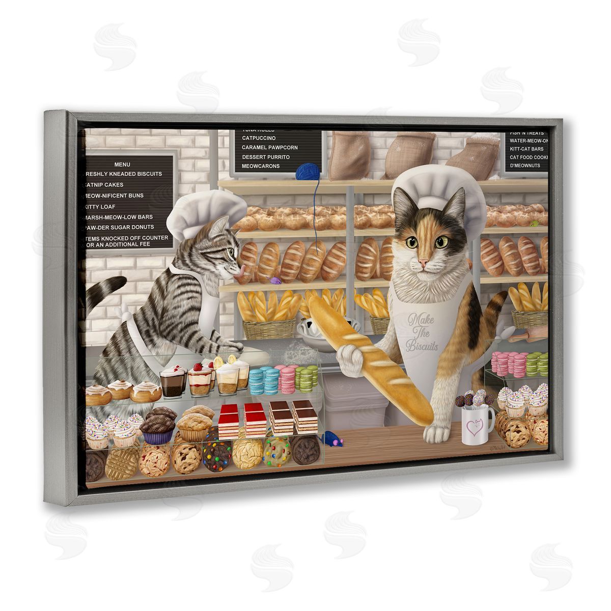 Meow Bakery Funny Cats Grey Floating Frame Canvas Wall Art, Home Decor by Mehu Art