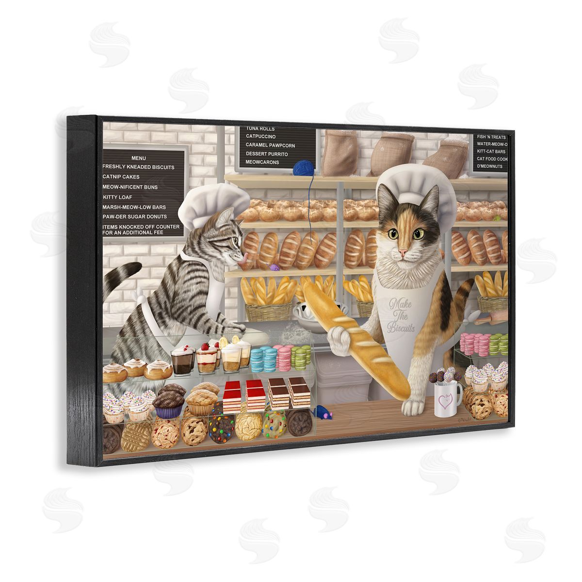 Meow Bakery Funny Cats Black Frame Print Wall Art, Home Decor by Mehu Art