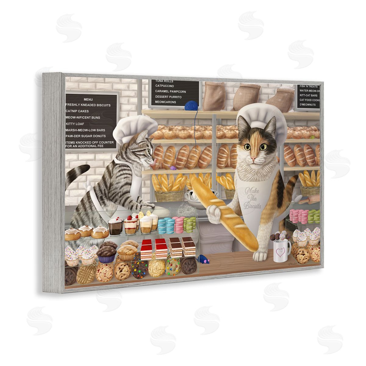 Meow Bakery Funny Cats Grey Frame Print Wall Art, Home Decor by Mehu Art