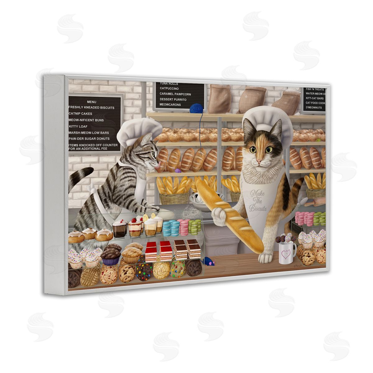 Meow Bakery Funny Cats White Frame Print Wall Art, Home Decor by Mehu Art