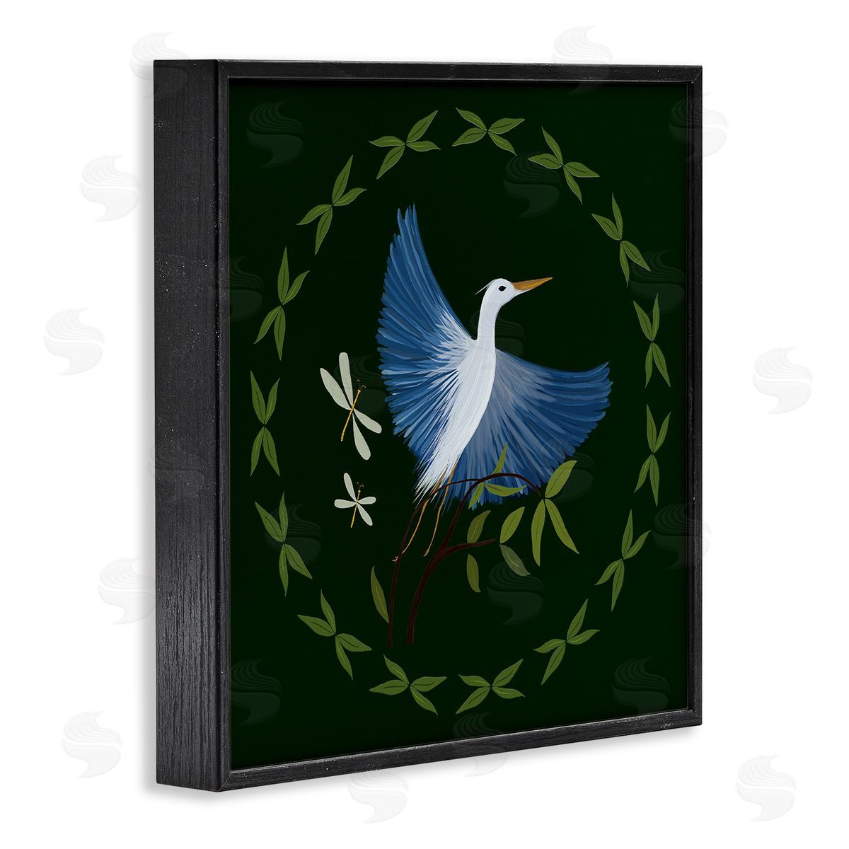 Heron & Dragonflies Wreath Black Frame Print Wall Art, Home Decor by Michelle Ingari Designs
