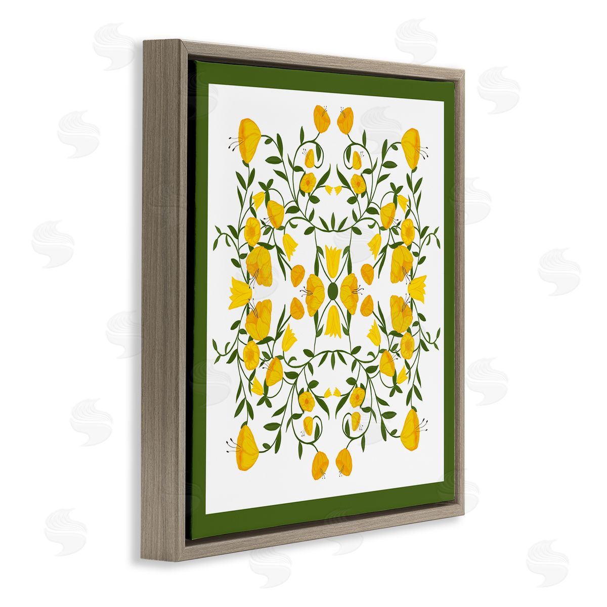 Golden Blooms Symmetry Brown Floating Frame Canvas Wall Art, Home Decor by Michelle Ingari Designs