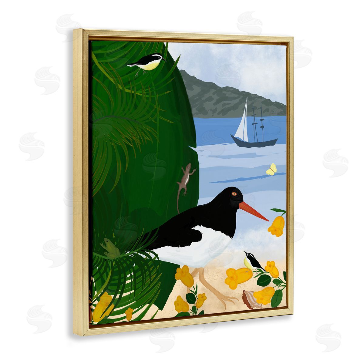 Island Life by Beach Gold Floating Frame Canvas Wall Art, Home Decor by Michelle Ingari Designs