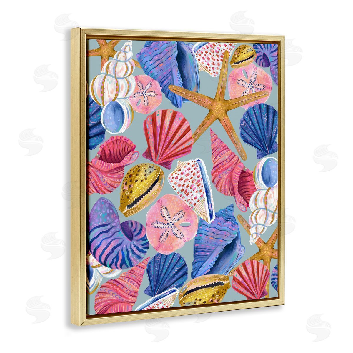 Bright Seashells Assortment Gold Floating Frame Canvas Wall Art, Home Decor by Arrolynn Weiderhold