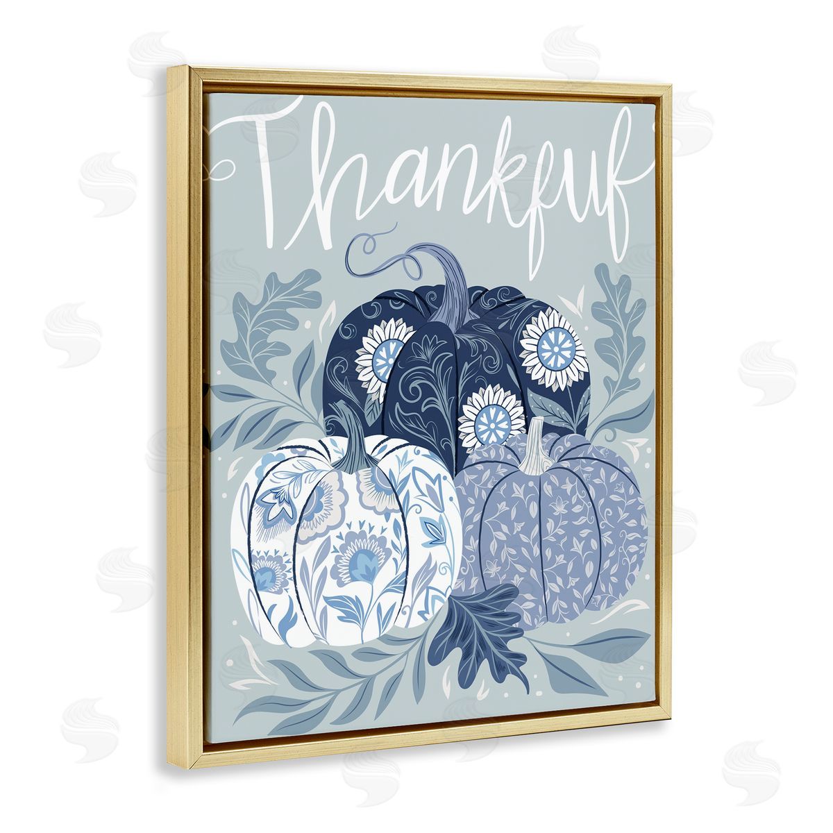 Thankful Ornate Floral Pumpkins Gold Floating Frame Canvas Wall Art, Home Decor by Arrolynn Weiderhold