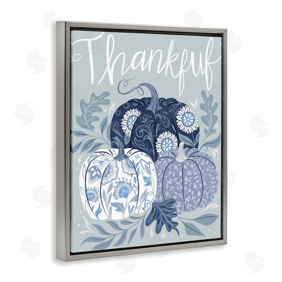 Thankful Ornate Floral Pumpkins Grey Floating Frame Canvas Wall Art, Home Decor by Arrolynn Weiderhold