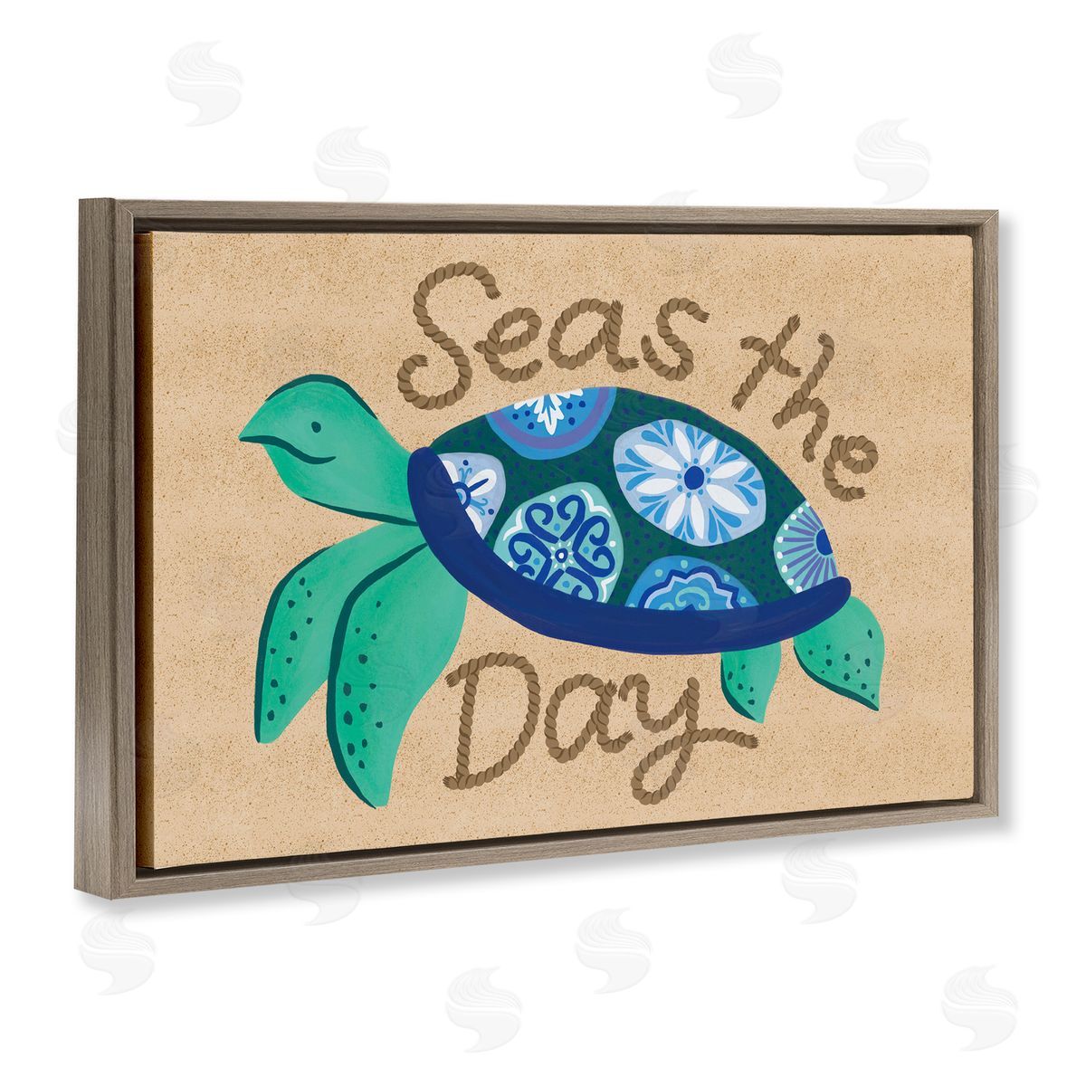 Seas The Day Turtle Brown Floating Frame Canvas Wall Art, Home Decor by Deborah Curiel