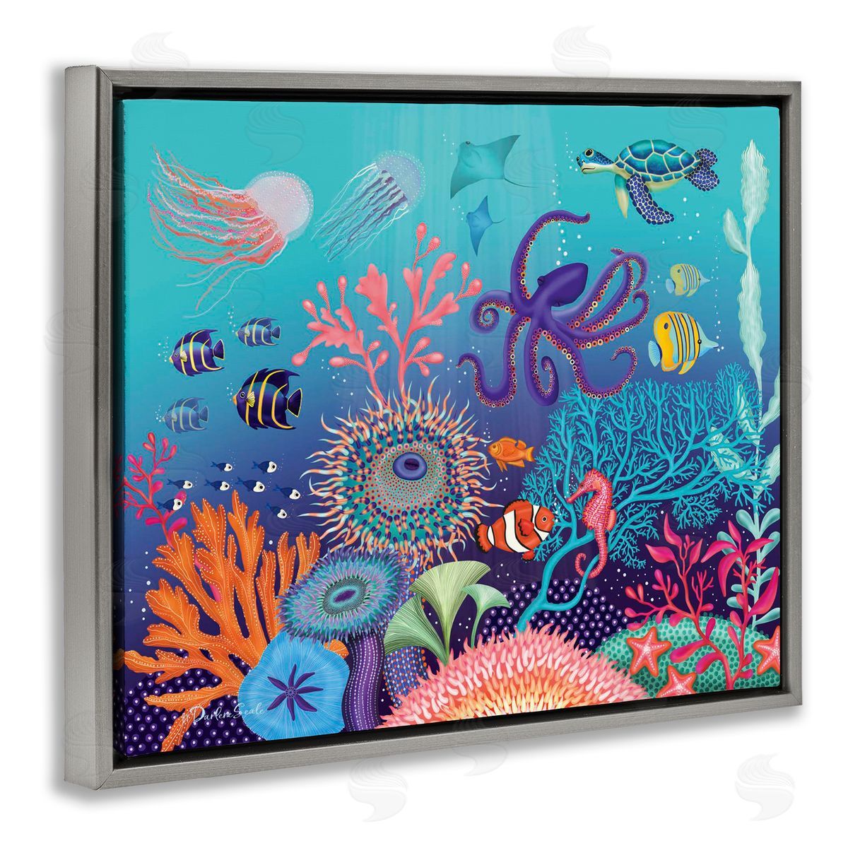 Darlene Seale Magical Underwater Reef Gray Floating Frame Canvas Wall Art Print