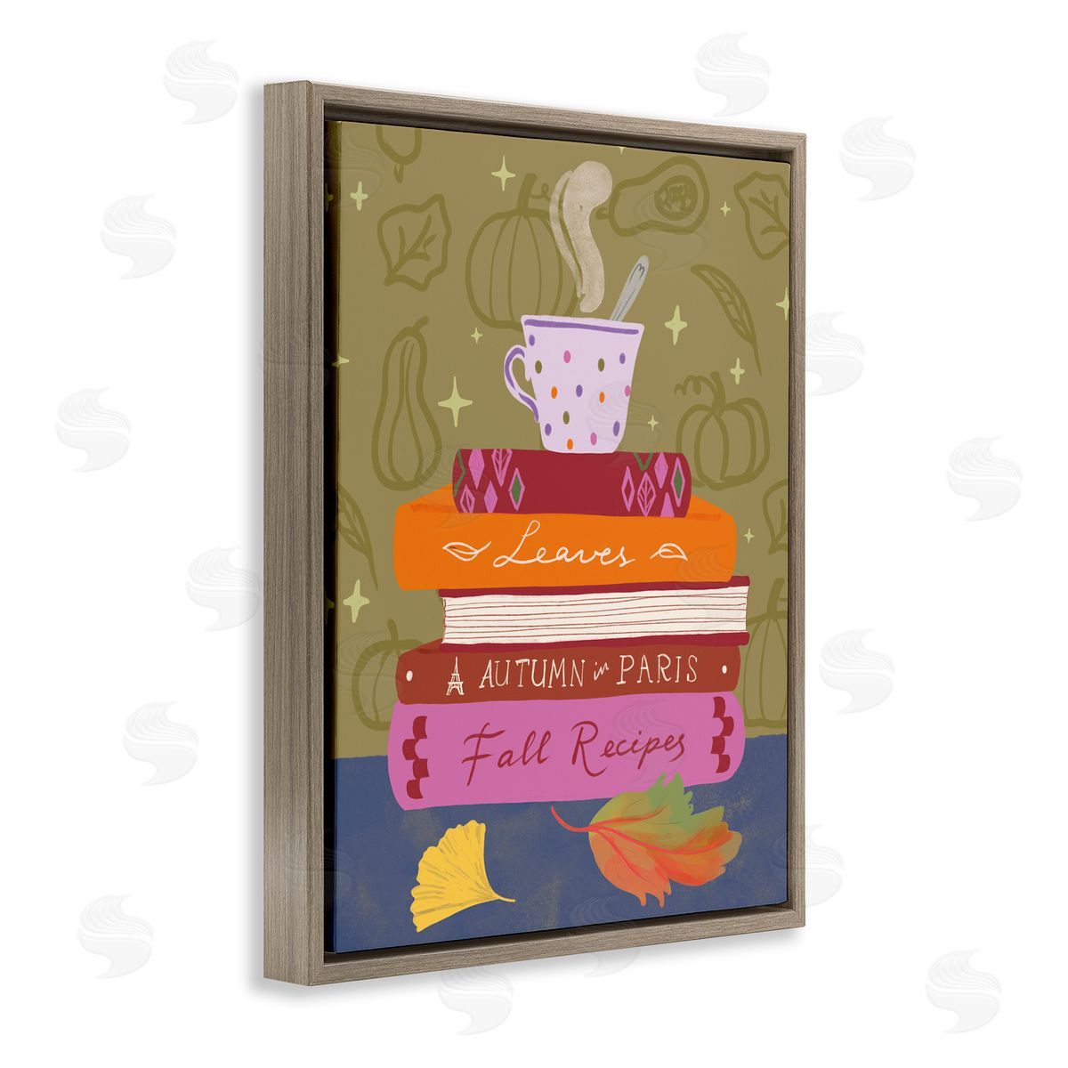 Autumnal Mug on Bookstack Brown Floating Frame Canvas Wall Art, Home Decor by Be Ni La