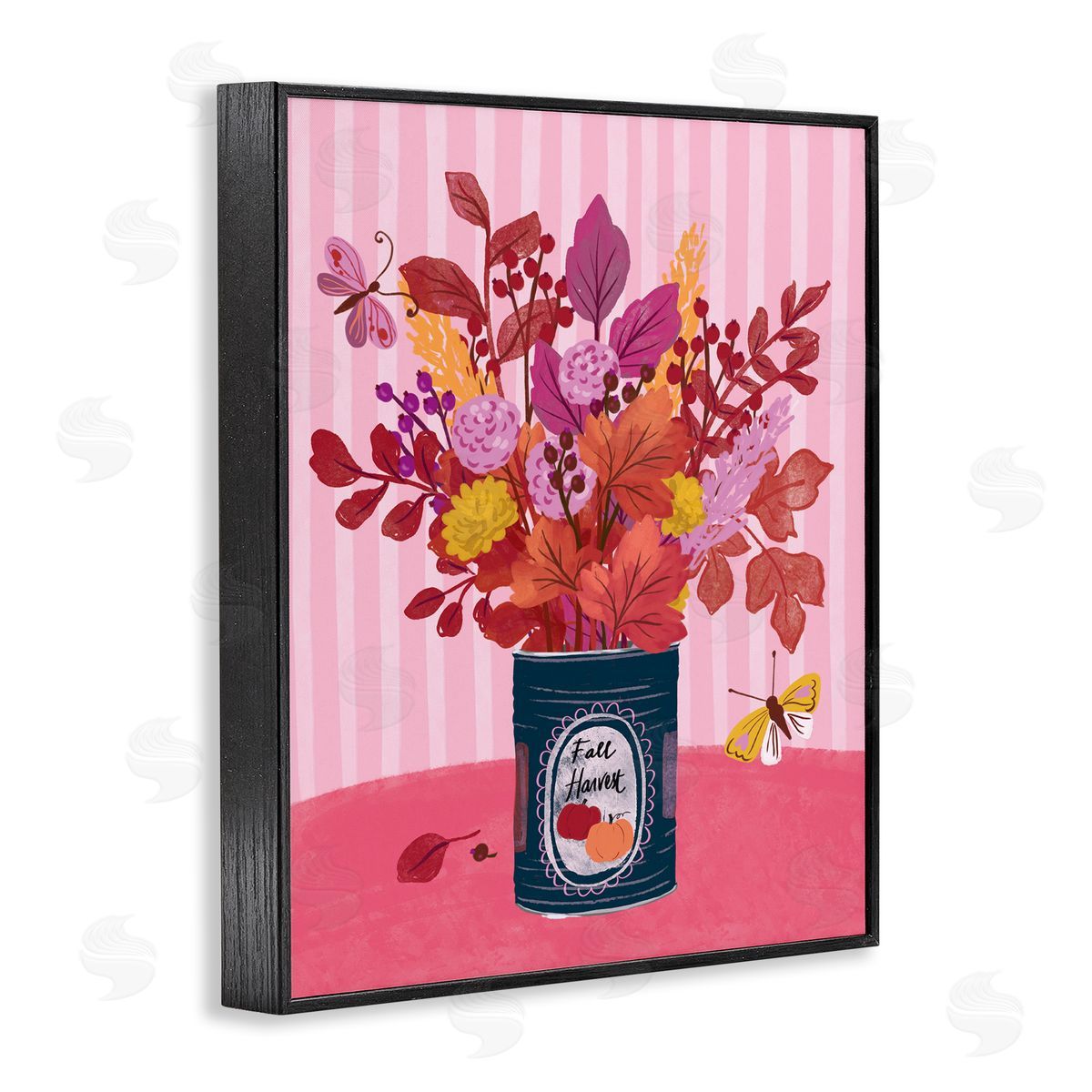 Fall Bouquet on Stripes Black Frame Print Wall Art, Home Decor by Be Ni La