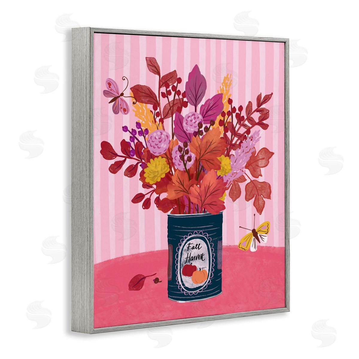 Fall Bouquet on Stripes Grey Frame Print Wall Art, Home Decor by Be Ni La