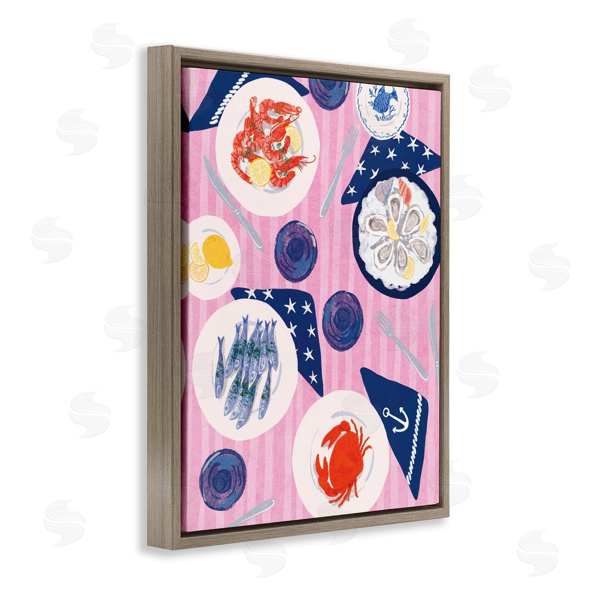 Seafood Plates Table Brown Floating Frame Canvas Wall Art, Home Decor by Be Ni La