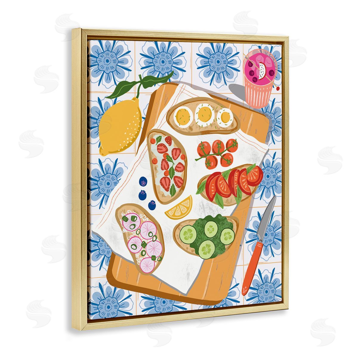 Delicious Toasts on Florals Gold Floating Frame Canvas Wall Art, Home Decor by Jo Reid