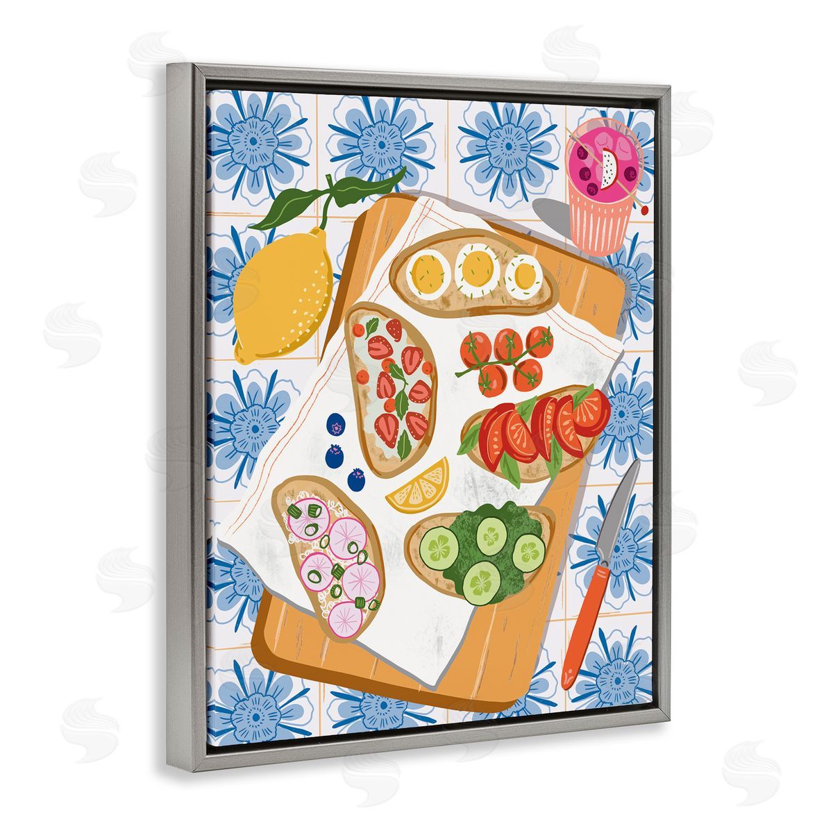 Delicious Toasts on Florals Grey Floating Frame Canvas Wall Art, Home Decor by Jo Reid