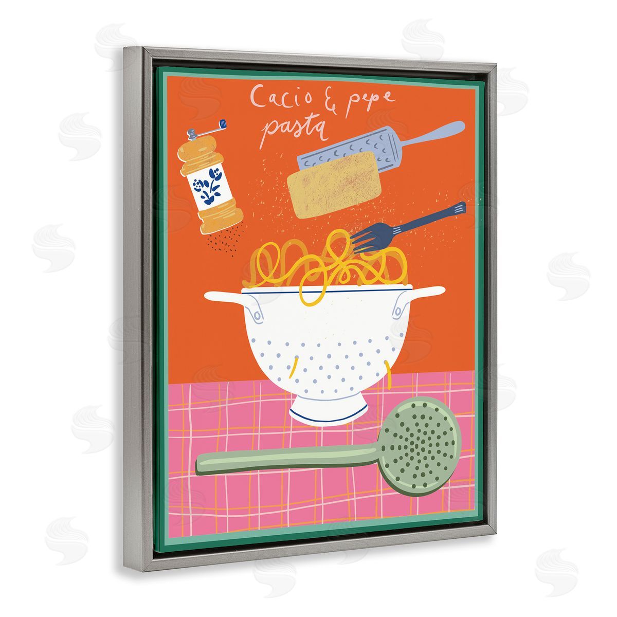 Retro Italian Pasta Meal Grey Floating Frame Canvas Wall Art, Home Decor by Jo Reid