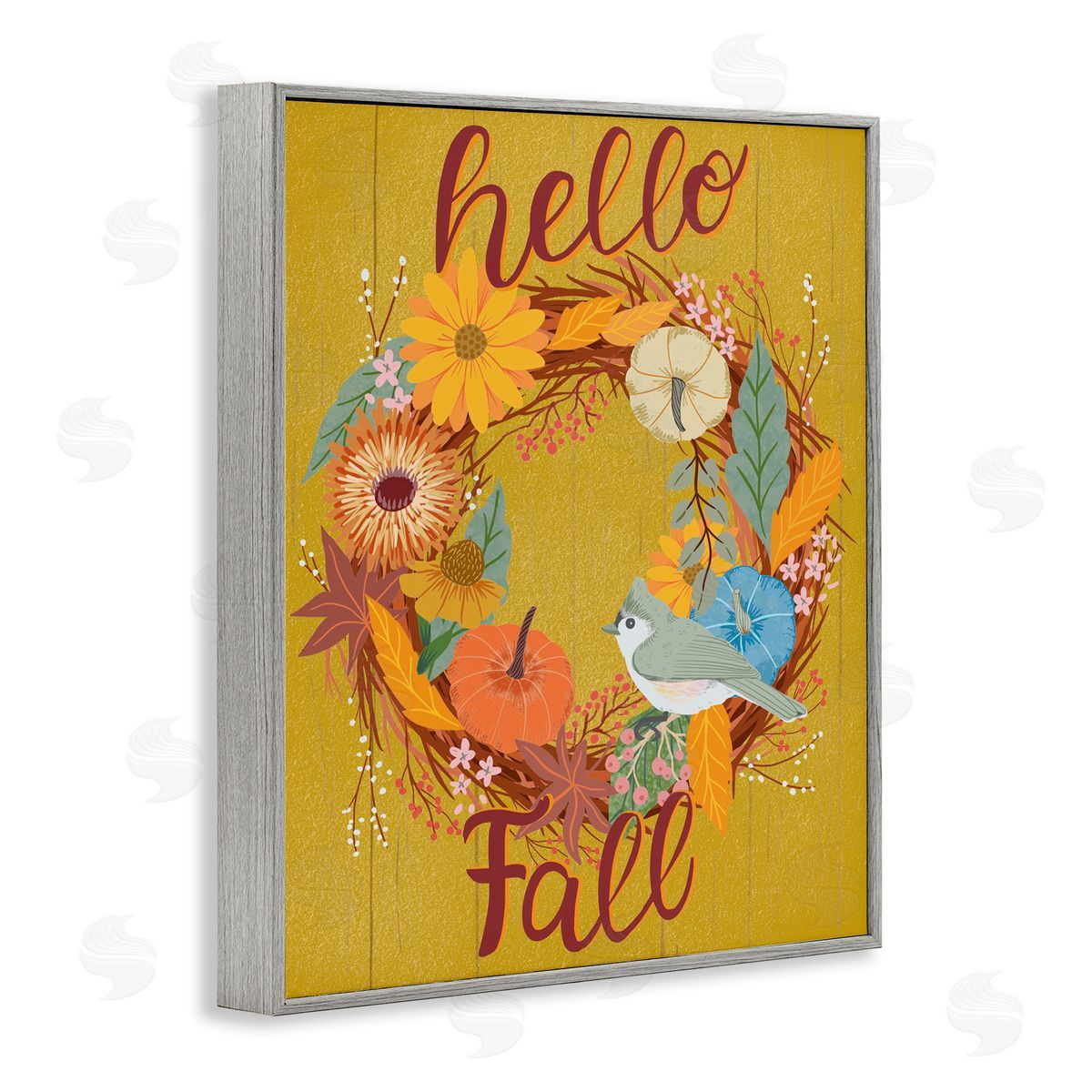 Hello Fall Bird Wreath Grey Frame Print Wall Art, Home Decor by Jo Reid