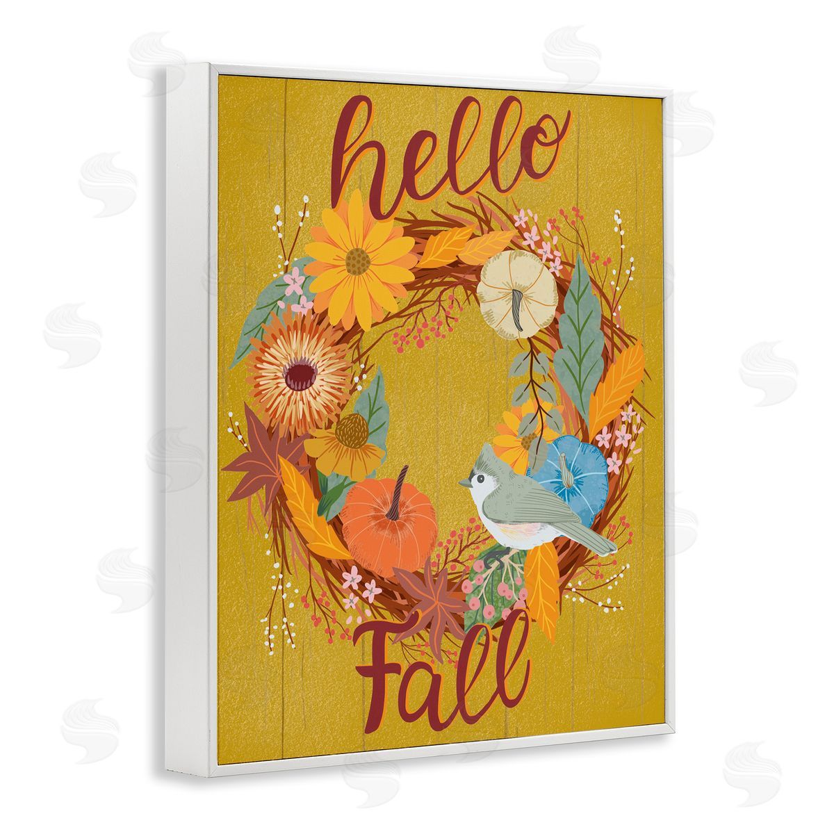 Hello Fall Bird Wreath White Frame Print Wall Art, Home Decor by Jo Reid