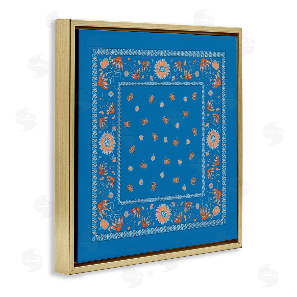 Blue Sky Harvest Pattern Gold Floating Frame Canvas Wall Art, Home Decor by Safa Diab