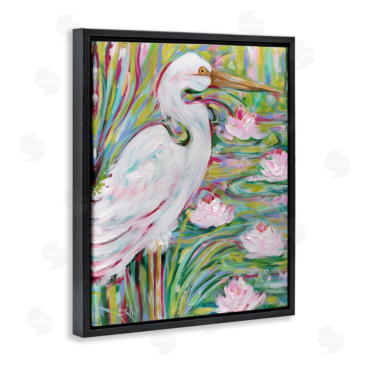 Great White Egret & Lotus Black Floating Frame Canvas Wall Art, Home Decor by Estelle Grengs