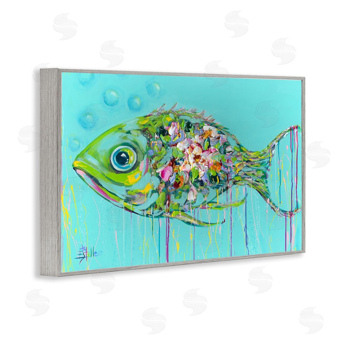 Painterly Drip Fish Grey Frame Print Wall Art, Home Decor by Estelle Grengs