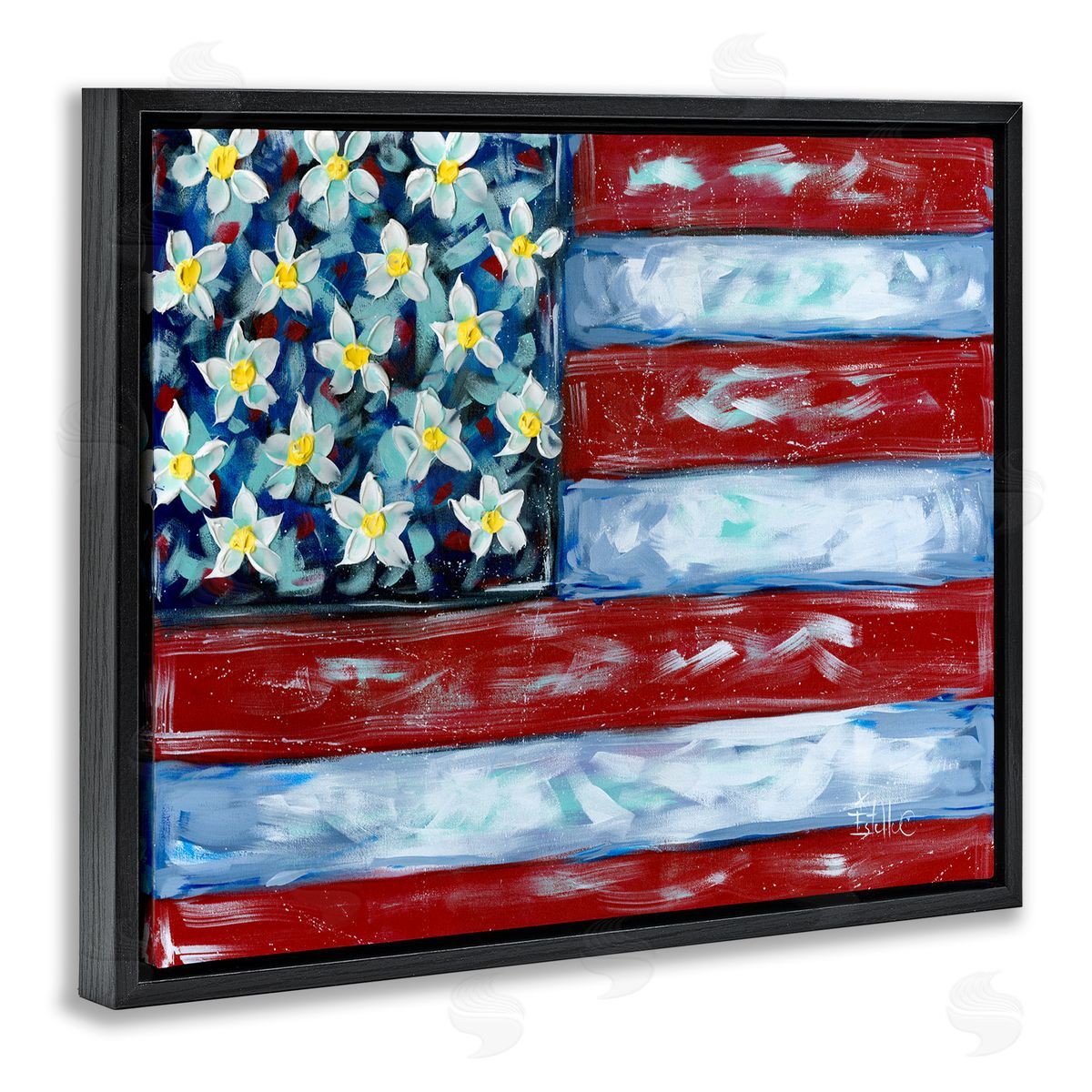 Flower Stars & Stripes Flag Black Floating Frame Canvas Wall Art, Home Decor by Estelle Grengs