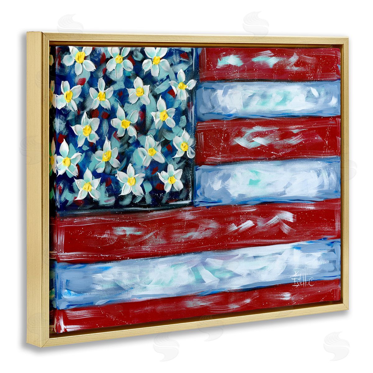 Flower Stars & Stripes Flag Gold Floating Frame Canvas Wall Art, Home Decor by Estelle Grengs